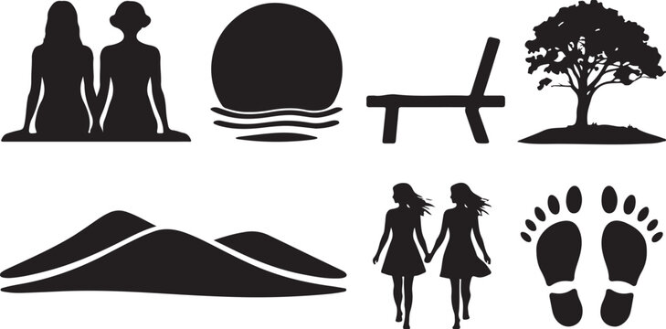 Collection of black silhouette icons depicting people nature and relaxation elements .silhouette degin