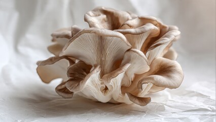 Oyster Mushroom Cluster on Wrinkled White Background

