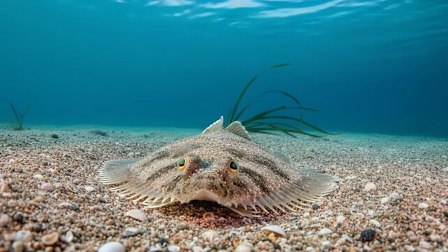 camouflaged flatfish on sandy seabed in clear blue water