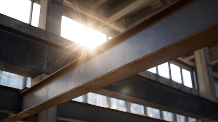 Sunlight streams through  illuminating strong steel beams and concrete structures in an industrial building interior