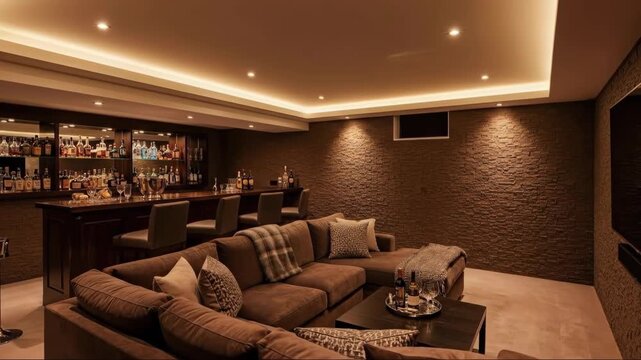 Elegant basement lounge with cozy seating and stylish bar ambiance transition
