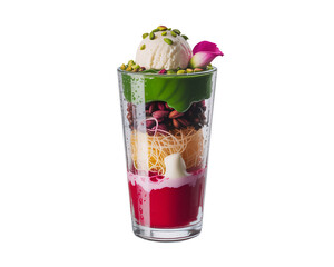 Layered falooda dessert with vermicelli, basil seeds, and pistachio ice cream