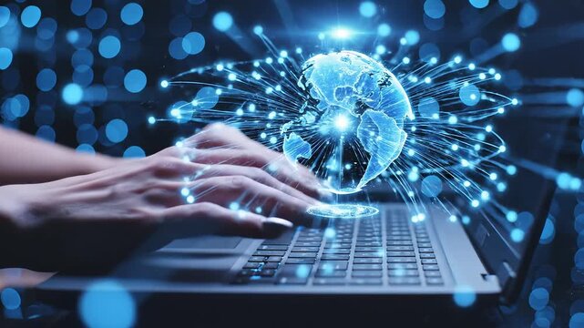 Hands typing on laptop with glowing globe