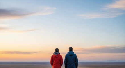 Fototapeta premium Two individuals in jackets standing on a vast, open landscape at sunset, gazing at the horizon.