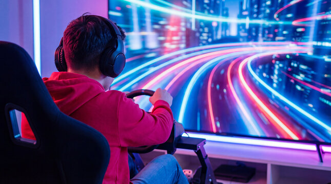 Young man playing racing video game on computer with headphones and steering wheel in dark room