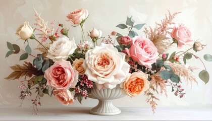 Obraz premium Beautiful bouquet of roses and greenery in a decorative vase, showcasing elegance and natural beauty against a soft pastel backdrop.