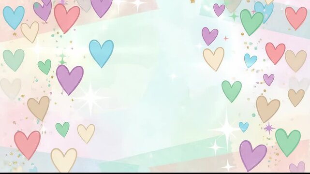 Pastel cartoon hearts floating animation loop background with watercolor texture and shimmering sparkles for romantic graphics