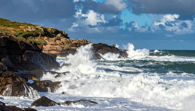 Powerful ocean waves crash against rugged rocks under a dramatic cloudy sky, capturing the raw beauty of nature.