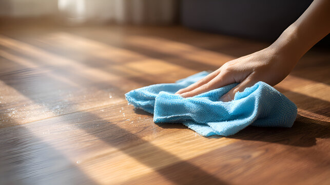 Hand cleaning dusty wood floor with cloth