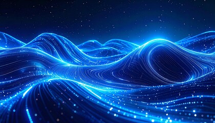 Fototapeta premium Abstract blue waves with glowing particles and digital lines.