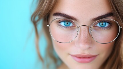 Fototapeta premium A close-up portrait of a young woman with striking blue eyes and light makeup, exuding confidence and beauty against a vibrant turquoise background, capturing her youthful spirit.