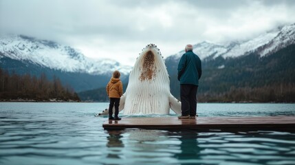 A remarkable moment captured where a majestic whale breaches the surface, delighting a child and elderly figure against a backdrop of stunning mountains and a tranquil sea.