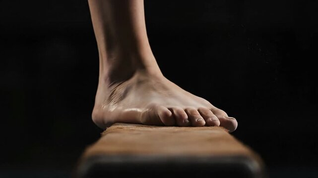 A gymnast's foot poised on the balance beam, showcasing struggle and persistence in a moment of stillness before action, captured from a low angle.