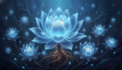 Glowing blue lotus flowers bloom in dark mystical water with roots and sparks.