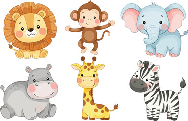 Obraz premium Collection of cute baby safari animals and jungle characters isolated on white background for nursery.