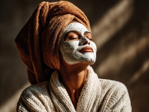 Woman enjoying spa day, face mask, towel-wrapped hair, and cozy robe on background.