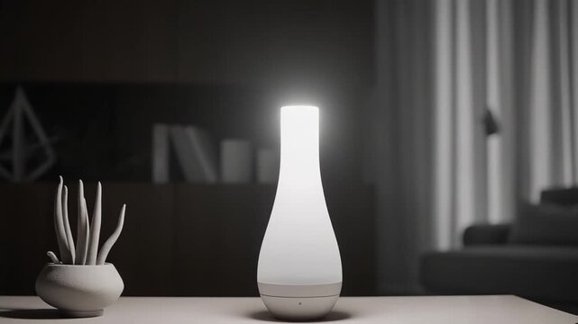 Contemporary white essential oil diffuser radiating a soft glow on a wooden table in a minimalist living room, creating a tranquil atmosphere in the evening