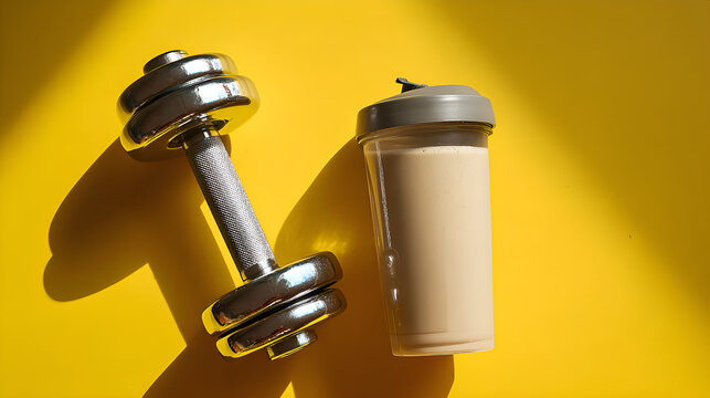 Fitness dumbbell and protein shake for gym workout
