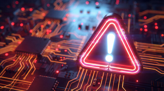 Electronic circuit board with glowing red warning sign indicating danger or technical issue