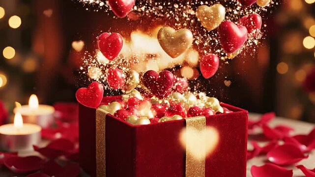 Red velvet gift box opens magically, revealing golden and red hearts floating out with sparkling dust against a warm fireplace backdrop.