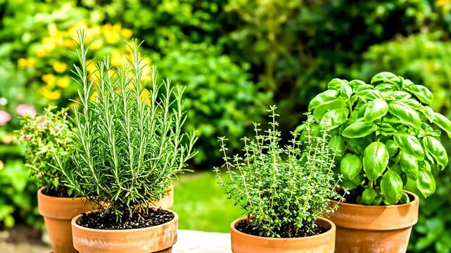 A close up photograph showcasing various potted herbs, including rosemary, thyme and basil