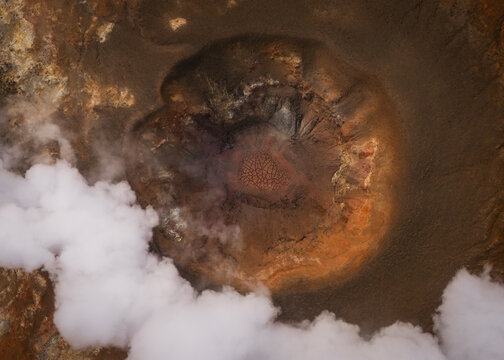 Aerial view of a volcanic crater, where steam rises ominously, contrasting with the dark, scorched earth and mineral deposits, Myvatn, Thingeyjarsveit, Iceland.