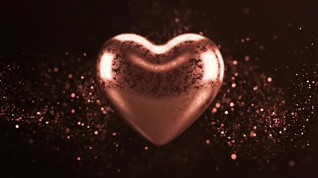 Rose gold metallic heart shimmering and growing, surrounded by glittering particles on an abstract dark background.
