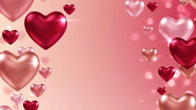 Seamlessly looping 3d floating hearts background animation in glossy pink, red, and rose gold for romantic designs.