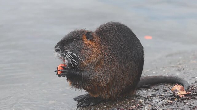 Individuals of nutria Myocastor coypus looking for food on winter time river