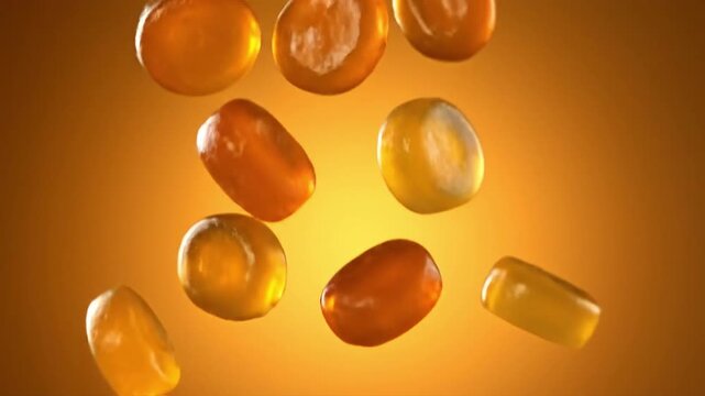 Golden hard candies falling in slow motion on warm amber gradient