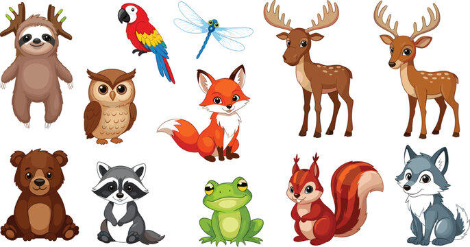 Collection of cute cartoon forest animals and woodland creatures isolated on white background.