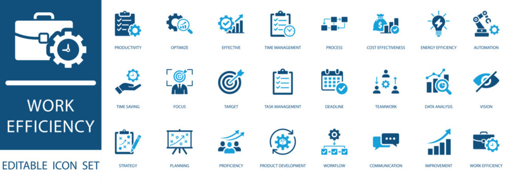 Work Efficiency Icon Set. featuring Time Management, Productivity,, Workflow Optimization, Task Planning, and Data Analysis Concepts.