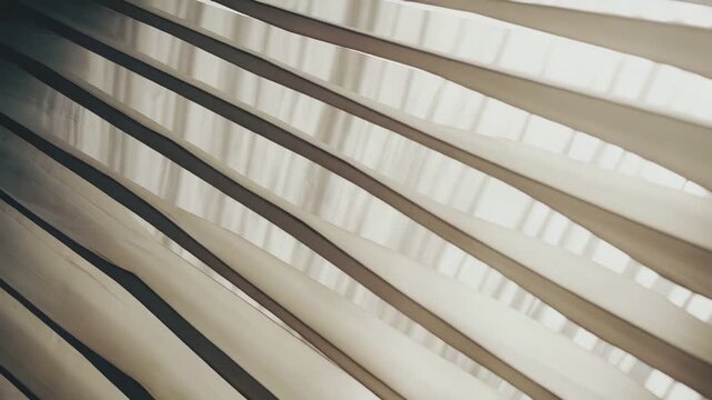 Architectural composition of parallel diagonal lines and repeating patterns casting rhythmic light and shadow across a minimalist surface. Creating a modern geometric background with depth and texture