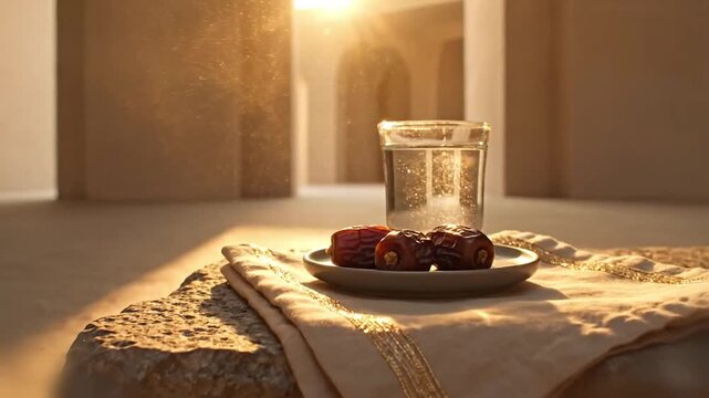 large neutral toned space with a low stone table holding a glass of water three dates on a matte plate and a folded linen napkin with gold thread in soft sunset light