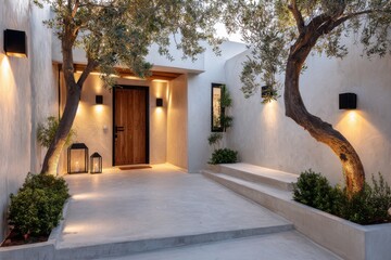 Entrance to a modern home with a wooden door, olive trees, and soft lighting in a peaceful outdoor space at twilight revealing a cozy atmosphere