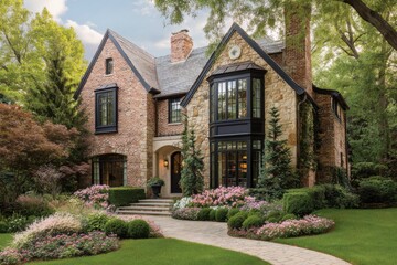 A charming house featuring a beautiful brick and stone exterior is nestled within a vibrant garden filled with blooming flowers and lush shrubs, all basking in the warmth of a sunny day