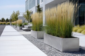 At the entrance of a contemporary building, planters filled with lush grass are elegantly arranged, creating a vibrant and inviting landscaped area under the bright daylight
