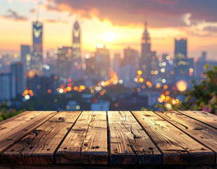 City skyline sunset wooden tabletop
