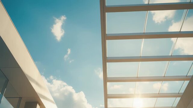 Contemporary building featuring a clear glass roof and concrete structures, capturing bright daylight and blue sky with clouds, representing sustainability and innovative design