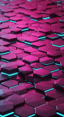 Obraz premium Perspective view of hexagonal tile pattern, pink and blue color, suggestive of technology, innovation, or digital interface background
