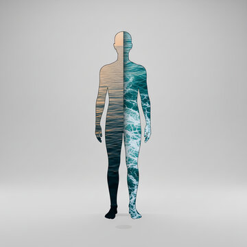 Human silhouette blended with water texture symbolizing balance, Ai Generate.
