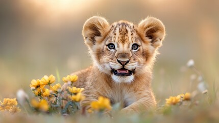 Obraz premium A charming lion cub plays amid vibrant yellow flowers, showcasing the beauty of nature and the innocence of wild animals in their natural habitat under golden sunlight.