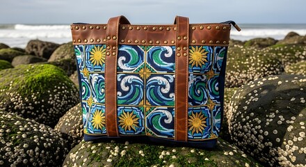 Embroidered Tote Bag with Ocean and Sun Motifs on Rocky Shore