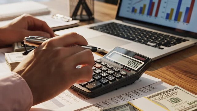 Person using calculator with money and laptop
