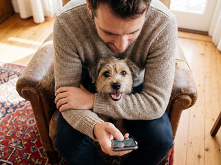 A mature man sits in a chair at home in casual clothes, hugs his cute dog and types on a mobile phone.