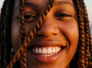 Close-up of African American woman's face, smiling, beautiful white smile, curly locks of hair on her face.