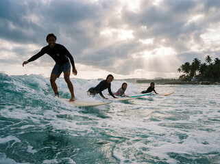 A surfer rides his board alongside friends as they ride a foaming wave against a cloudy sky on a sunny day on an island