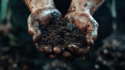 Obraz premium A pair of hands covered in rich dark soil holds a handful of earth, symbolizing the connection to nature and the nurturing aspect of agriculture and gardening practices.