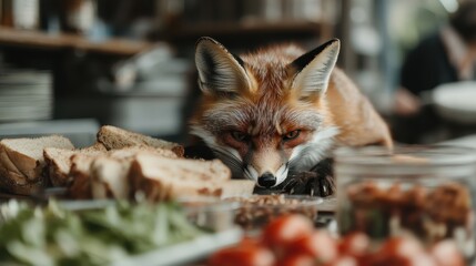 Obraz premium A red fox is seen close to a table filled with various food items. The curious gaze of the fox highlights its intriguing nature and the beauty of wildlife interaction with food.