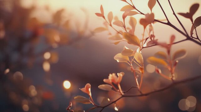 Small delicate green leaves and budding flowers are illuminated by soft, warm sunlight, creating a serene and ethereal natural background with a gentle bokeh effect